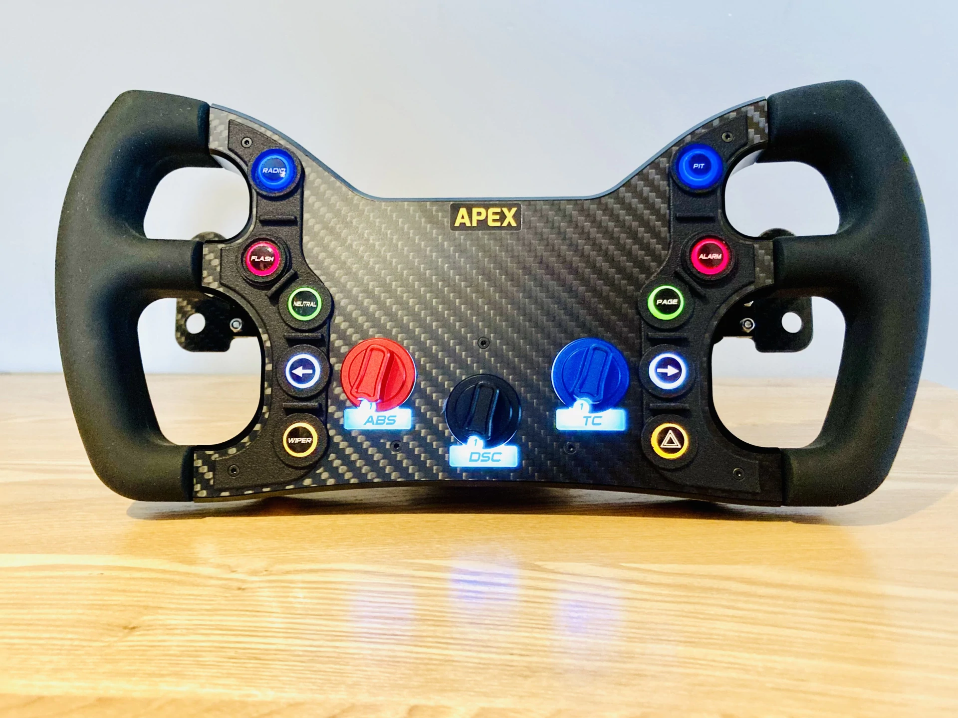 Apex GT3 CAN enabled steering wheel with LED buttons and backlit rotary switches