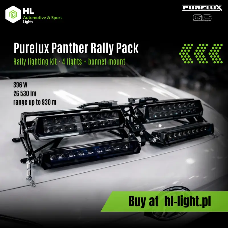 Kit complet d'éclairage pour le rallye - 4× LED PURELUX Panther + montage sur le capot