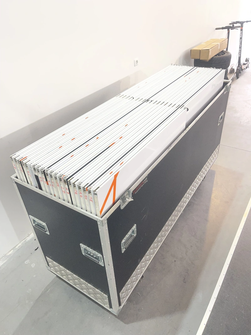 Motorsport stand panels complete with ventilated helmet storage + flight case