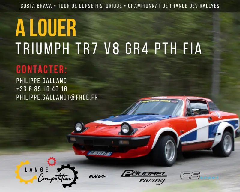 FOR RENT VHC Tour de Corse Historique -Triumph TR7 V8 GR4 asphalt by LANGE COMPETITION. Join the 5 TR7 V8s entered!
