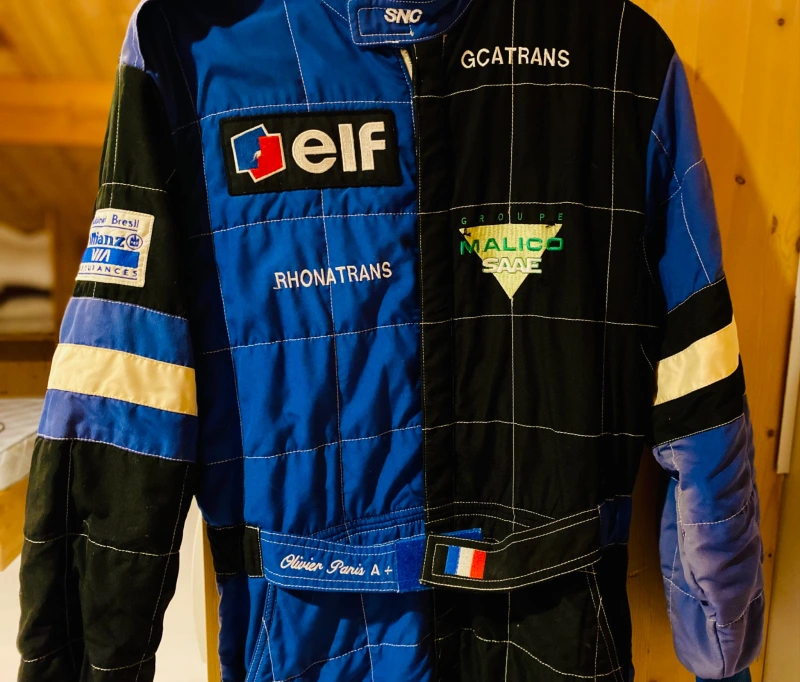 Genuine official vintage F3 racing overalls worn by Olivier Panis
