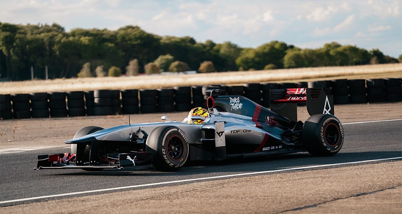 Monoplace TDF/One en courbe, exploitant l'appui aérodynamique d'une Formule 1