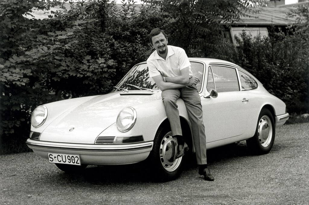 Ferry Porsche presenting the first Porsche 911 in 1963
